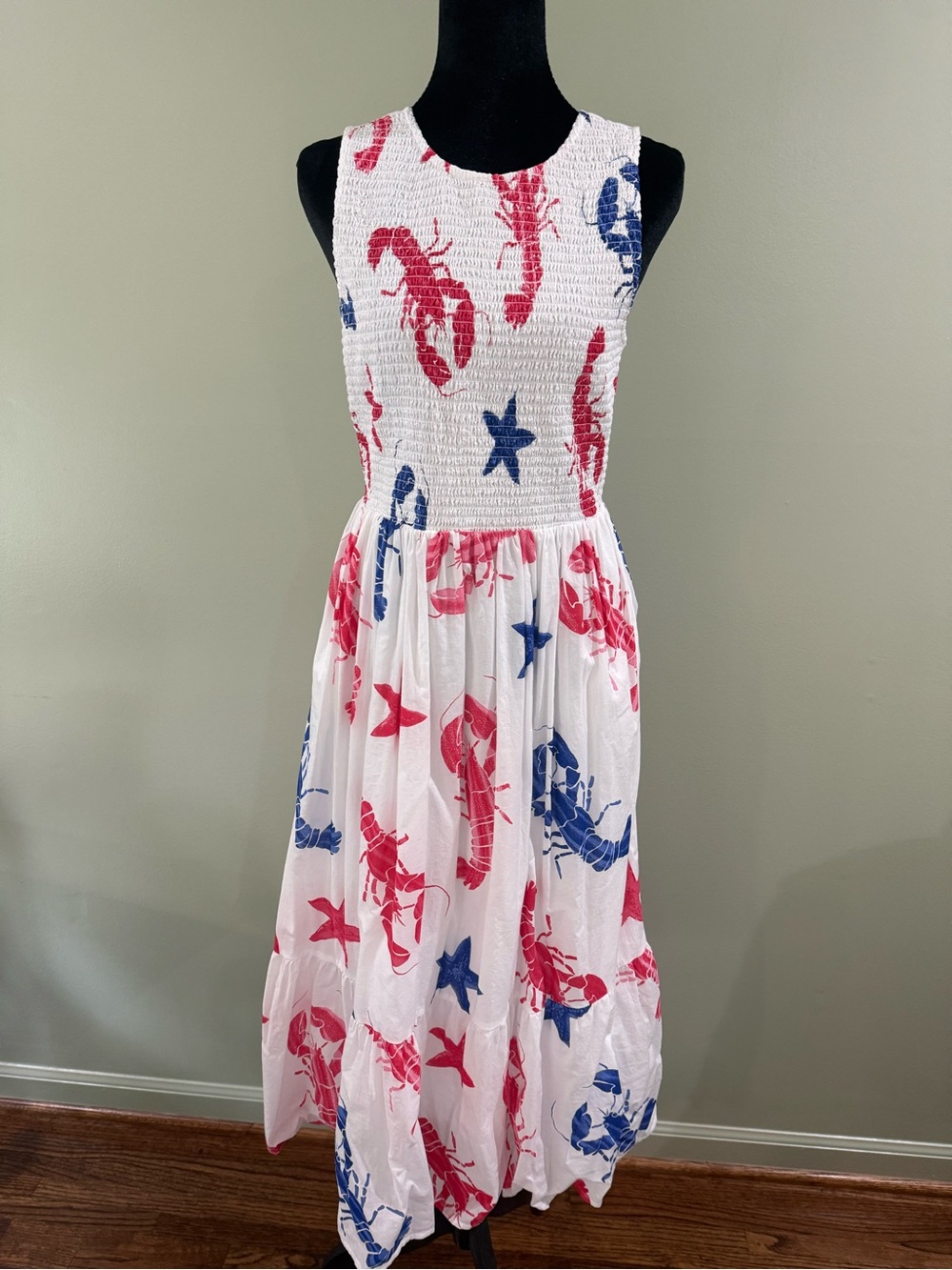 J. Crew Factory White Maxi Dress with Red & Blue Lobster Print